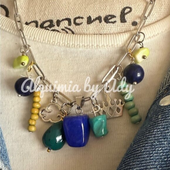 Lapis lazuli multi charms necklace statement - Picture 1 of 4